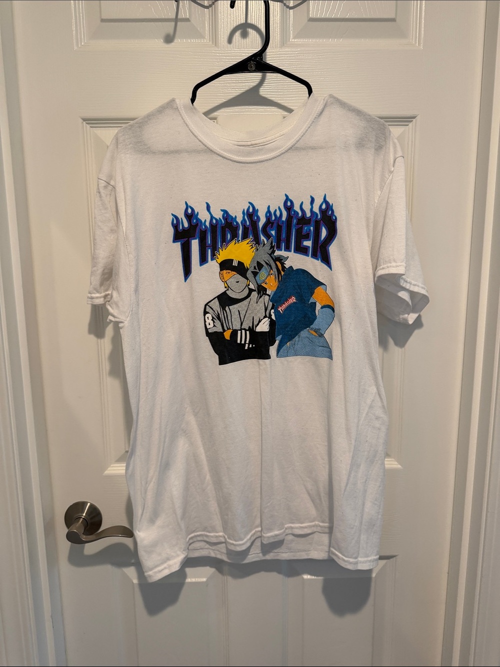 Thrasher White Tee with Blue Flame Logo and Yellow Accents